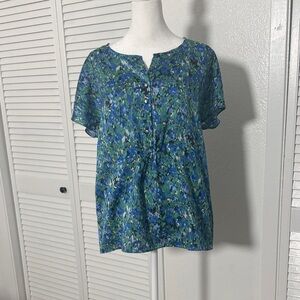 Talbots Women’s Blue Green Floral Short-Sleeve Blouse Sz M